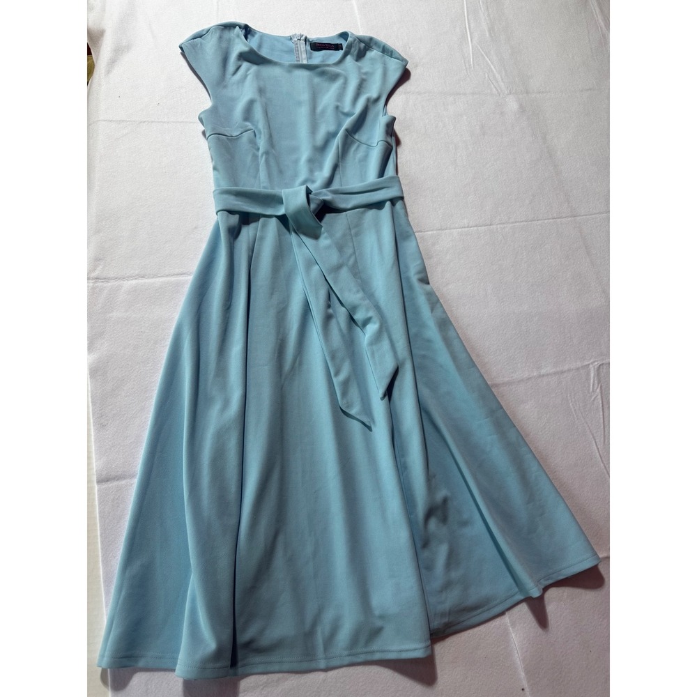 Dress Tells Light Blue Cap Sleeve Fit and Flare Midi Belted Dress size M Vintage